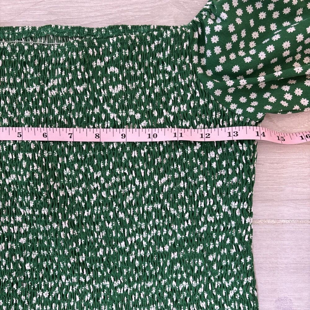 Womens M Green dainty White floral Midi Bodycon Smocked dress Cottagecore - Picture 5 of 7